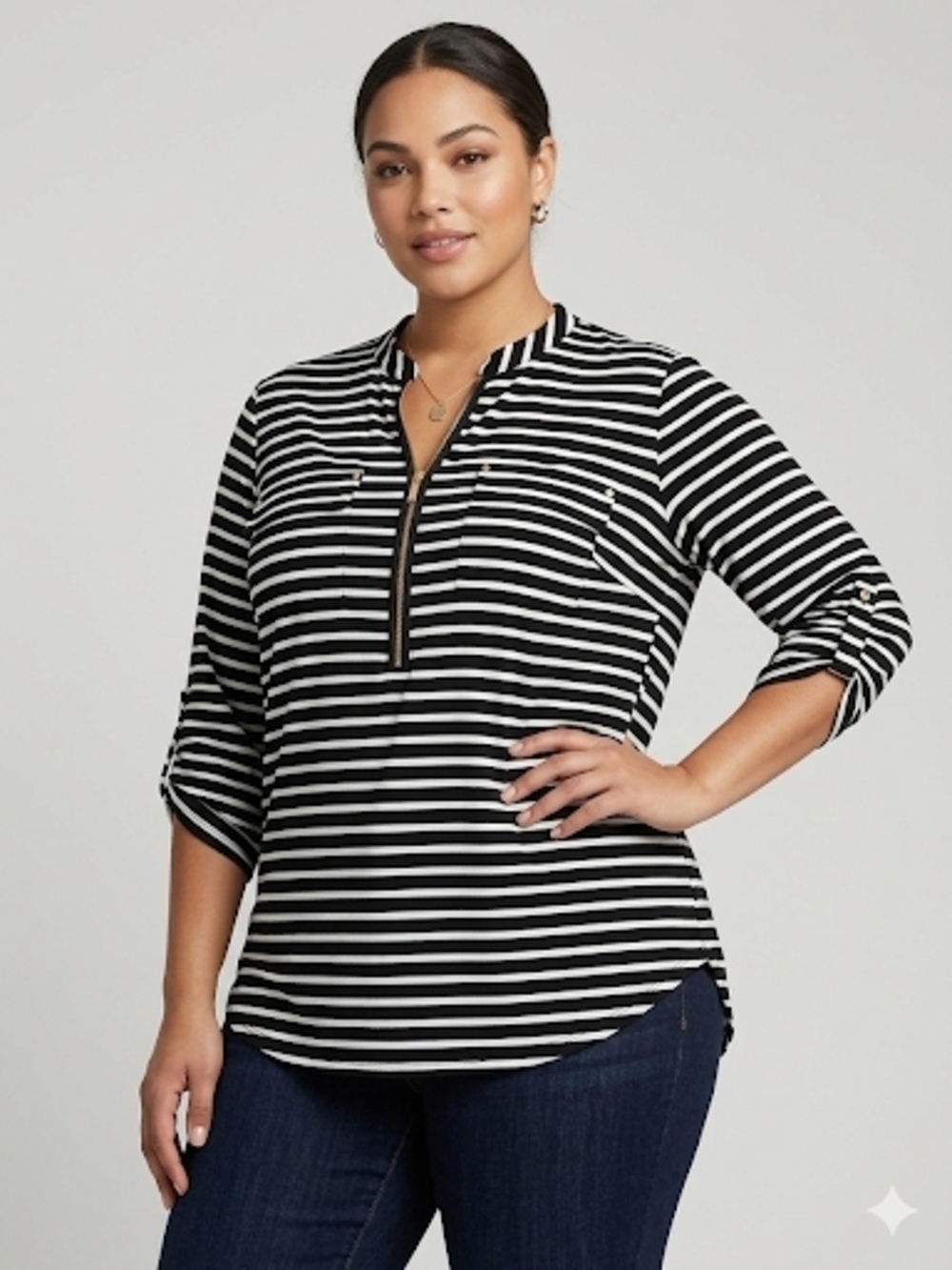Calvin Klein Black and White Striped Zip-Front Tunic